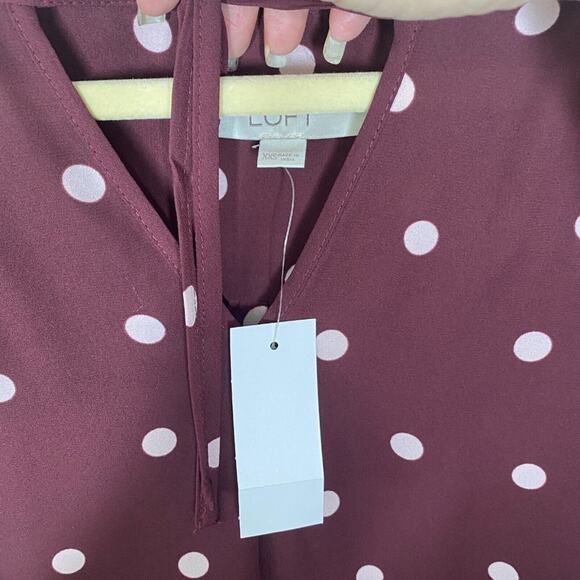 Loft Burgundy Plum & Pink Polka Dot Tie Neck Ruffle Hem Long Sleeve Blouse XXS - Picture 6 of 11